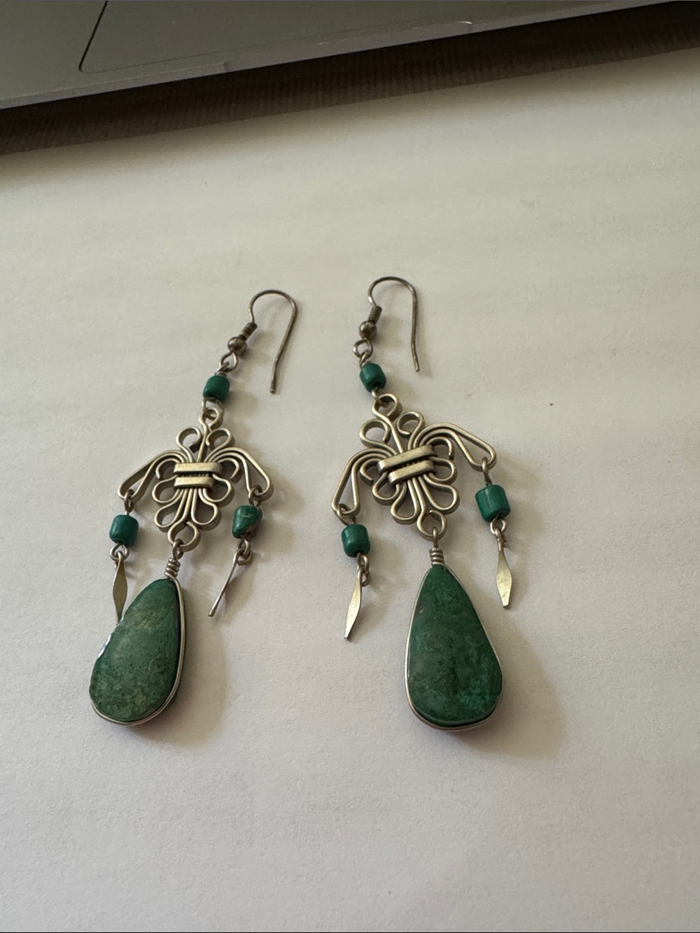 Green Teardrop Dangle Earrings with Silver-Tone Filigree - Women Jewelry